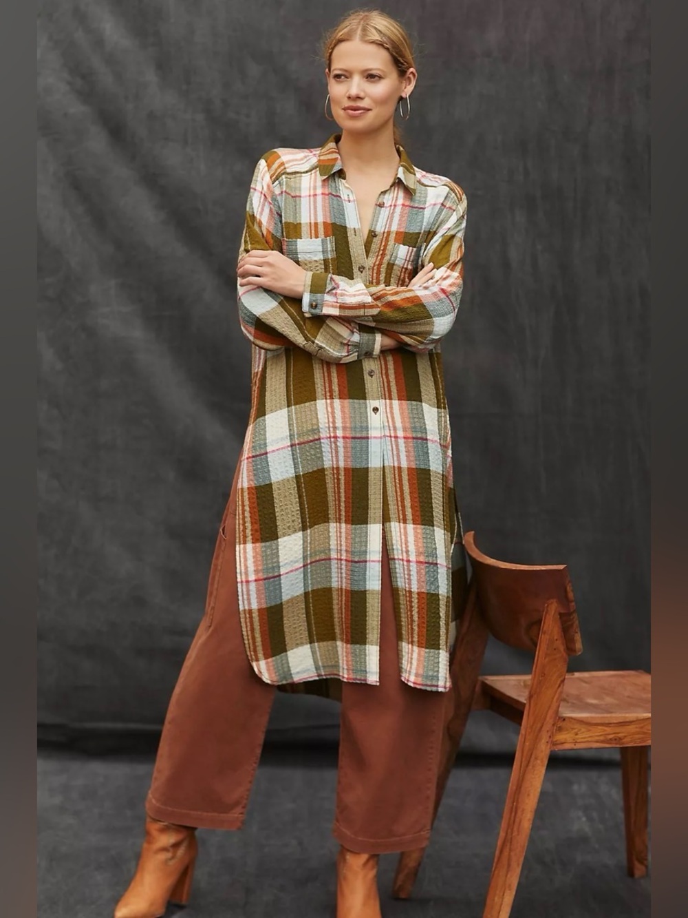 Pilcro Anthropologie Plaid Tunic Shirt Dress Side Slit Large Petite